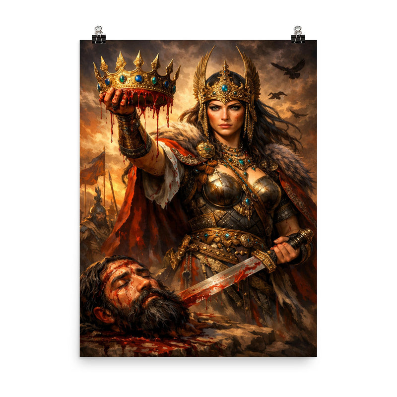 Tomyris holding Cyrus's severed crown poster on a plain backdrop in size 8