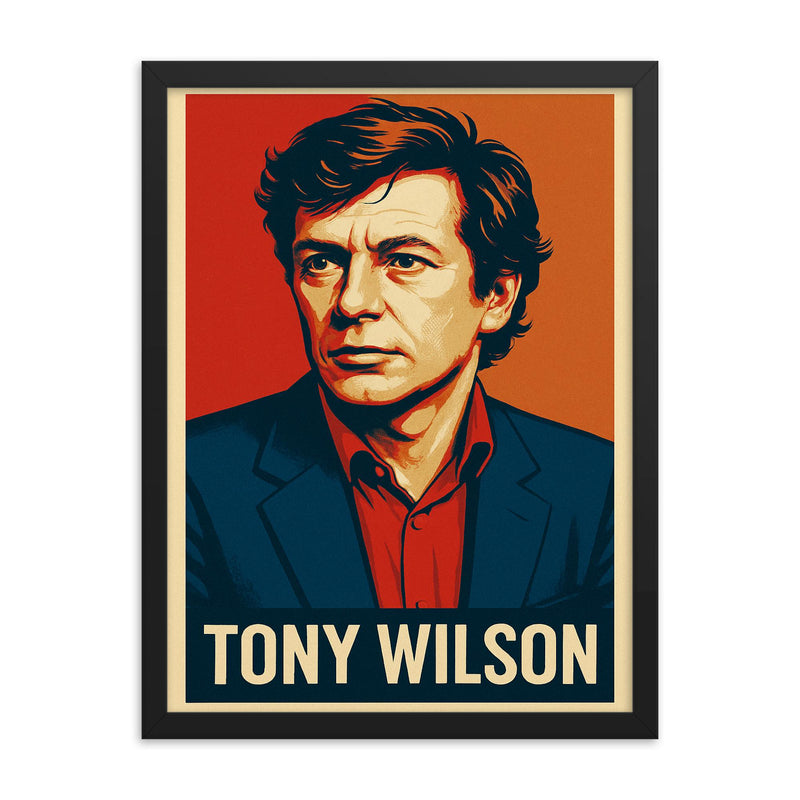Tony Wilson framed print on a plain backdrop in size 18