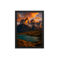 Torres del Paine Cuernos Chile framed print on a plain backdrop in size 12"x16".