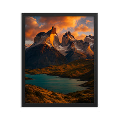 Torres del Paine Cuernos Chile framed print on a plain backdrop in size 16"x20".
