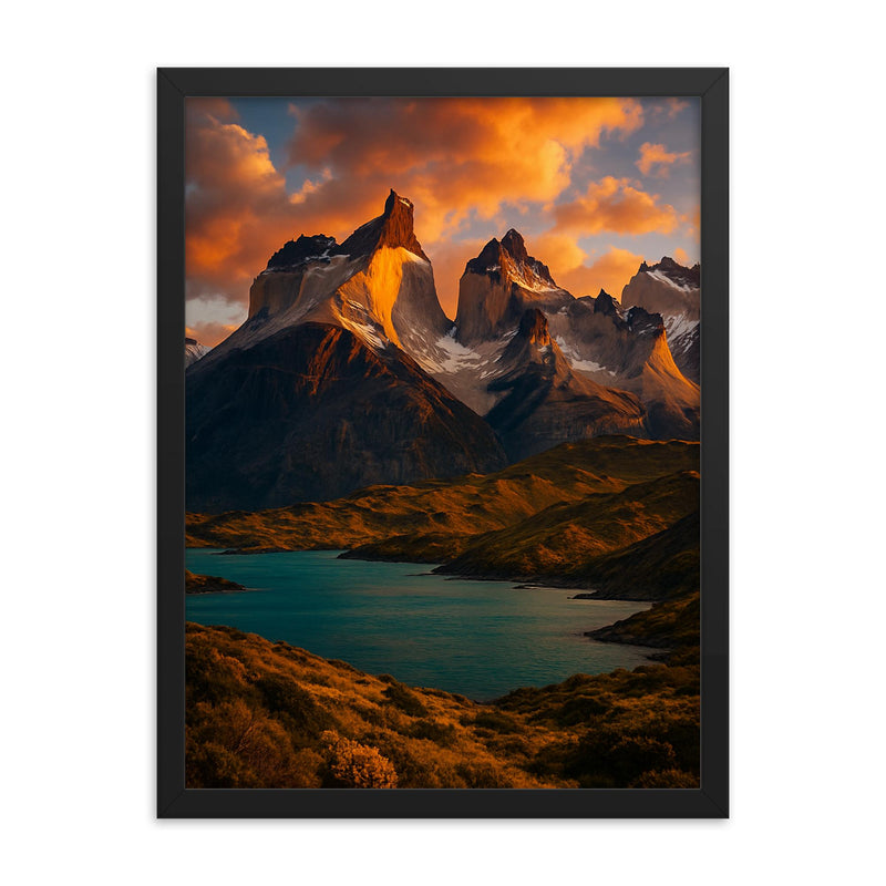 Torres del Paine Cuernos Chile framed print on a plain backdrop in size 18