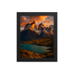 Torres del Paine Cuernos Chile framed print on a plain backdrop in size 8"x10".