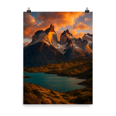 Torres del Paine Cuernos Chile poster on a plain backdrop in size 8"x10".