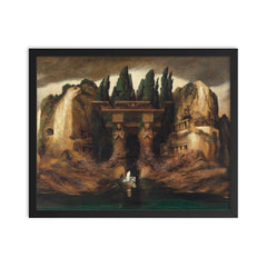 Toteninsel Isle of the Dead by Karl Wilhelm Diefenbach, 1905 framed print on a plain backdrop in size 16"x20".