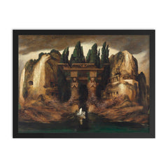 Toteninsel Isle of the Dead by Karl Wilhelm Diefenbach, 1905 framed print on a plain backdrop in size 18"x24".