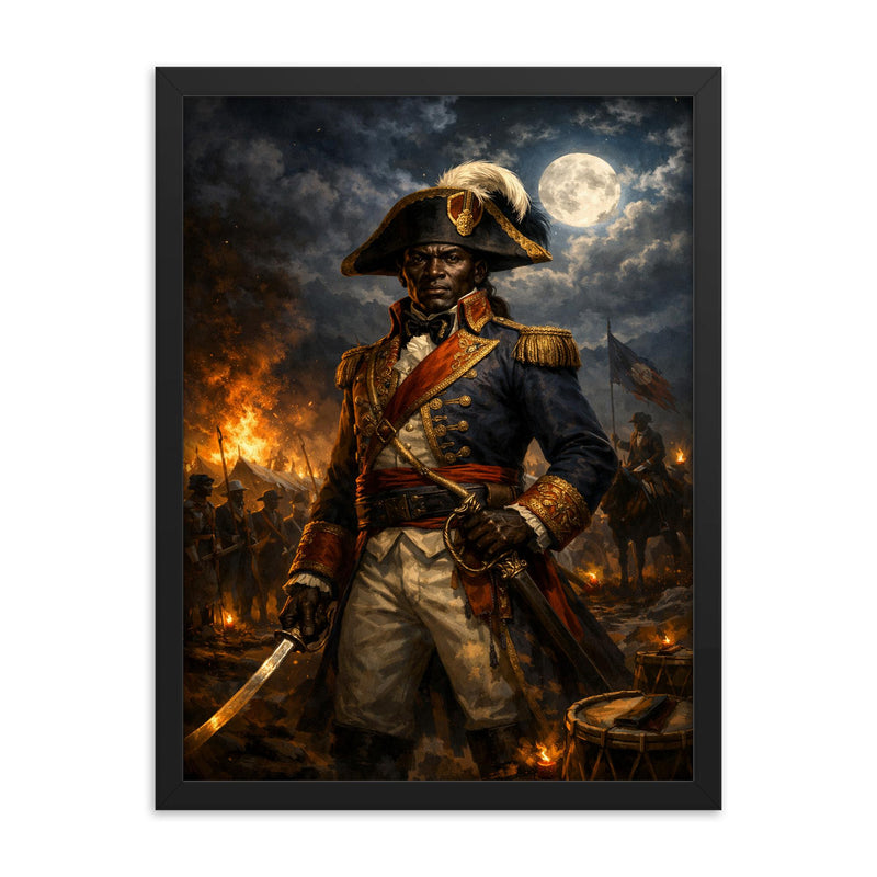Toussaint Louverture at night before battle framed print on a plain backdrop in size 18