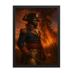 Toussaint Louverture before burning cane fields at dusk framed print on a plain backdrop in size 18"x24".