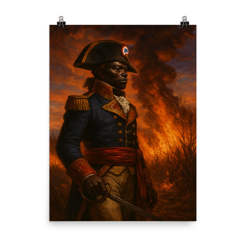 Toussaint Louverture before burning cane fields at dusk poster on a plain backdrop in size 8