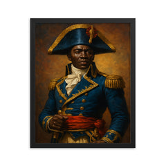 Toussaint Louverture in revolutionary blue uniform framed print on a plain backdrop in size 16"x20".