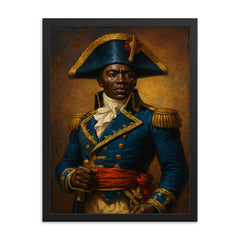 Toussaint Louverture in revolutionary blue uniform framed print on a plain backdrop in size 18"x24".
