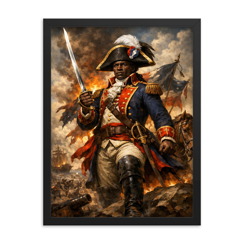 Toussaint Louverture in revolutionary uniform framed print on a plain backdrop in size 18