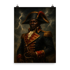 Toussaint Louverture in storm lit revolutionary uniform poster on a plain backdrop in size 8"x10".