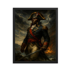 Toussaint Louverture in storm over Saint Domingue framed print on a plain backdrop in size 16"x20".