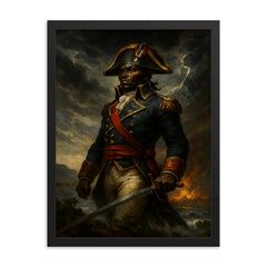 Toussaint Louverture in storm over Saint Domingue framed print on a plain backdrop in size 18"x24".