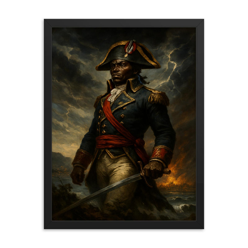 Toussaint Louverture in storm over Saint Domingue framed print on a plain backdrop in size 18