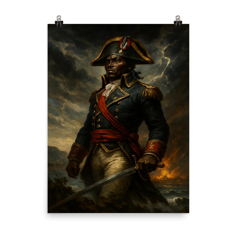 Toussaint Louverture in storm over Saint Domingue poster on a plain backdrop in size 8