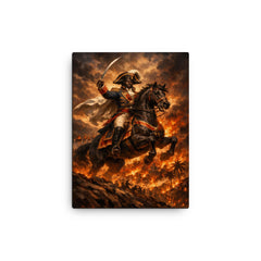 Toussaint Louverture on horseback above Saint Domingue flames canvas print on a plain backdrop in size 12"x16".