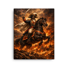 Toussaint Louverture on horseback above Saint Domingue flames canvas print on a plain backdrop in size 16"x20".