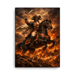 Toussaint Louverture on horseback above Saint Domingue flames canvas print on a plain backdrop in size 18"x24".