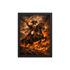 Toussaint Louverture on horseback above Saint Domingue flames framed print on a plain backdrop in size 12"x16".