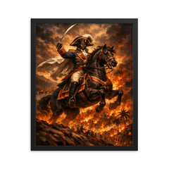 Toussaint Louverture on horseback above Saint Domingue flames framed print on a plain backdrop in size 16"x20".