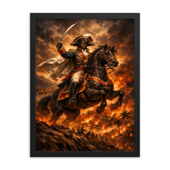 Toussaint Louverture on horseback above Saint Domingue flames framed print on a plain backdrop in size 18"x24".