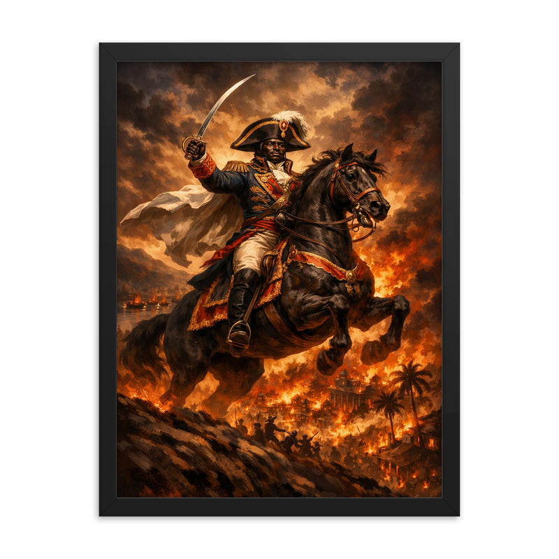 Toussaint Louverture on horseback above Saint Domingue flames framed print on a plain backdrop in size 18