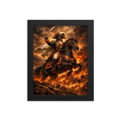 Toussaint Louverture on horseback above Saint Domingue flames framed print on a plain backdrop in size 8"x10".