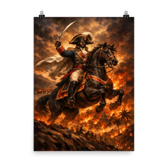 Toussaint Louverture on horseback above Saint Domingue flames poster on a plain backdrop in size 8"x10".