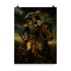 Toussaint Louverture on horseback before storm dark sugar fields poster on a plain backdrop in size 8"x10".