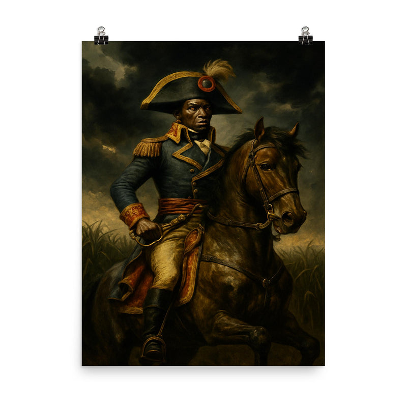 Toussaint Louverture on horseback before storm dark sugar fields poster on a plain backdrop in size 8