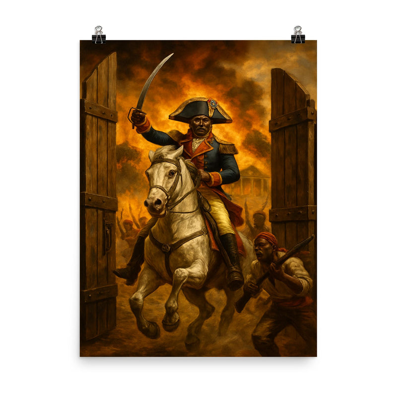 Toussaint Louverture storming Saint Domingue plantation gates poster on a plain backdrop in size 8