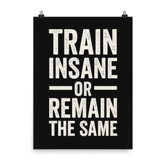 Train insane or remain the same poster on a plain backdrop in size 8"x10".