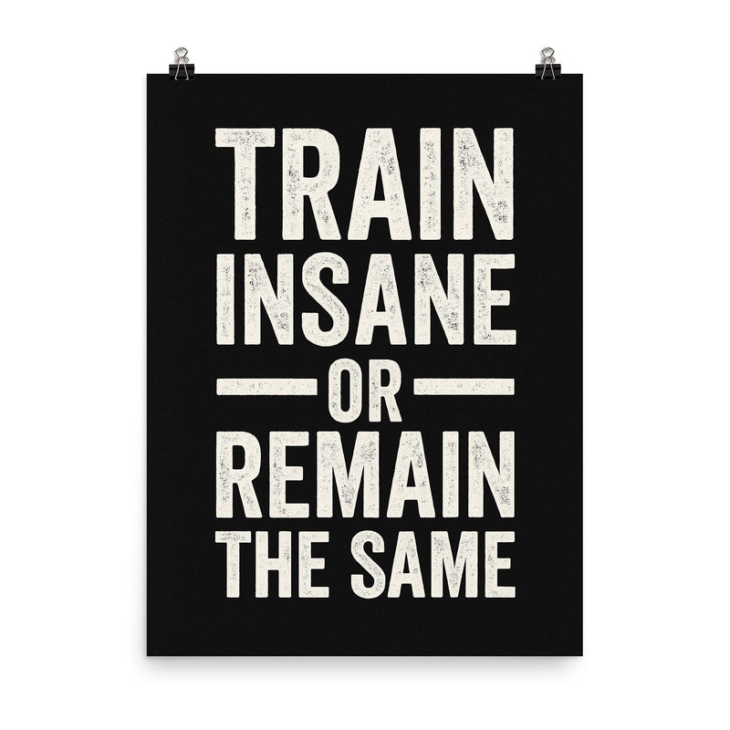 Train insane or remain the same poster on a plain backdrop in size 8