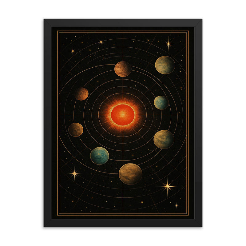 TRAPPIST 1 system as illuminated celestial chart framed print on a plain backdrop in size 18