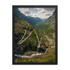 Trollstigen Hairpins Norway framed print on a plain backdrop in size 18"x24".