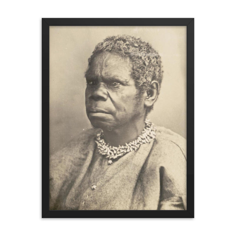 Truganini framed print on a plain backdrop in size 18