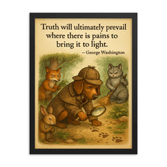 Truth prevails George Washington quote detective dog following clues inspiring poster framed print on a plain backdrop in size 18"x24".