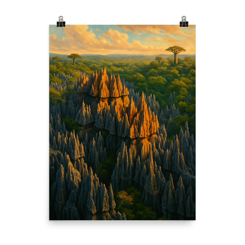 Tsingy de Bemaraha Madagascar poster on a plain backdrop in size 8