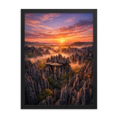 Tsingy de Bemaraha stone forest at dawn framed print on a plain backdrop in size 18"x24".