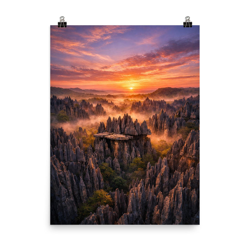 Tsingy de Bemaraha stone forest at dawn poster on a plain backdrop in size 8
