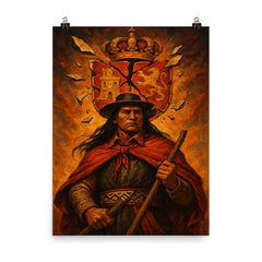 Túpac Amaru II beneath broken Spanish insignia poster on a plain backdrop in size 8"x10".