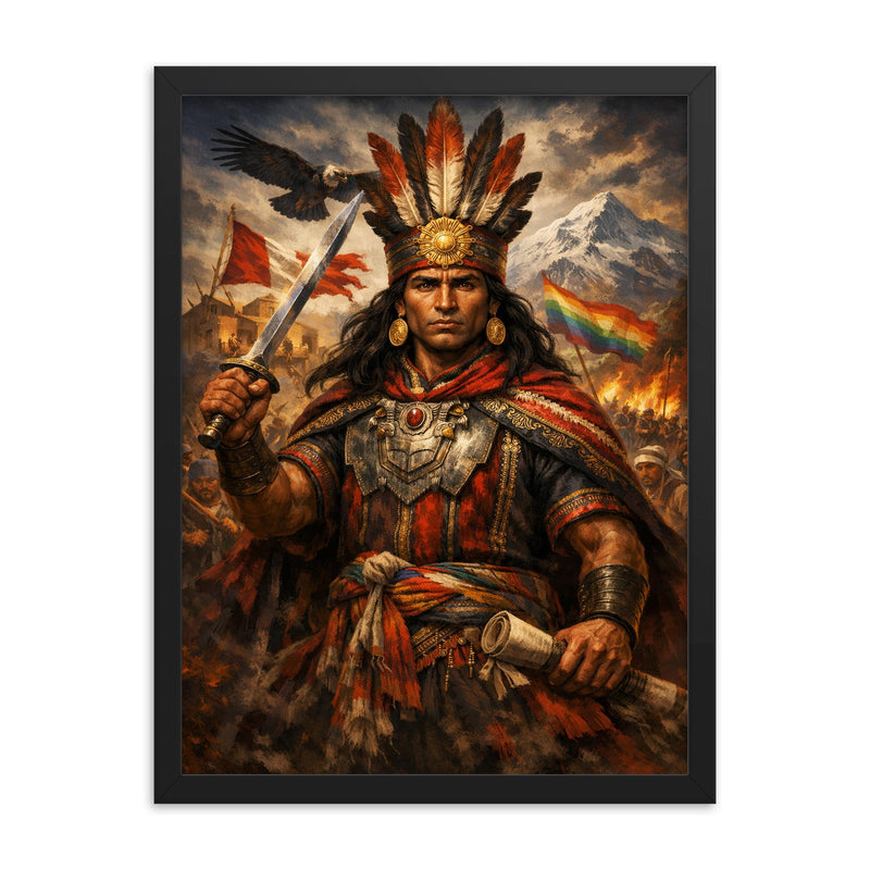 Tupac Amaru II in Andean rebellion attire framed print on a plain backdrop in size 18