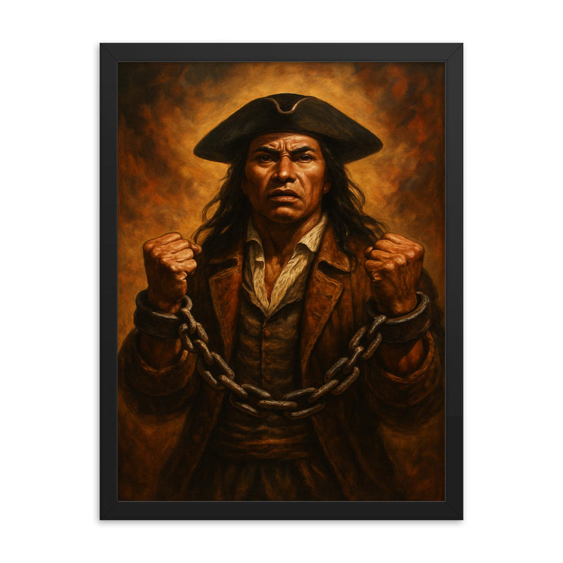 Tupac Amaru II in defiant chains framed print on a plain backdrop in size 18