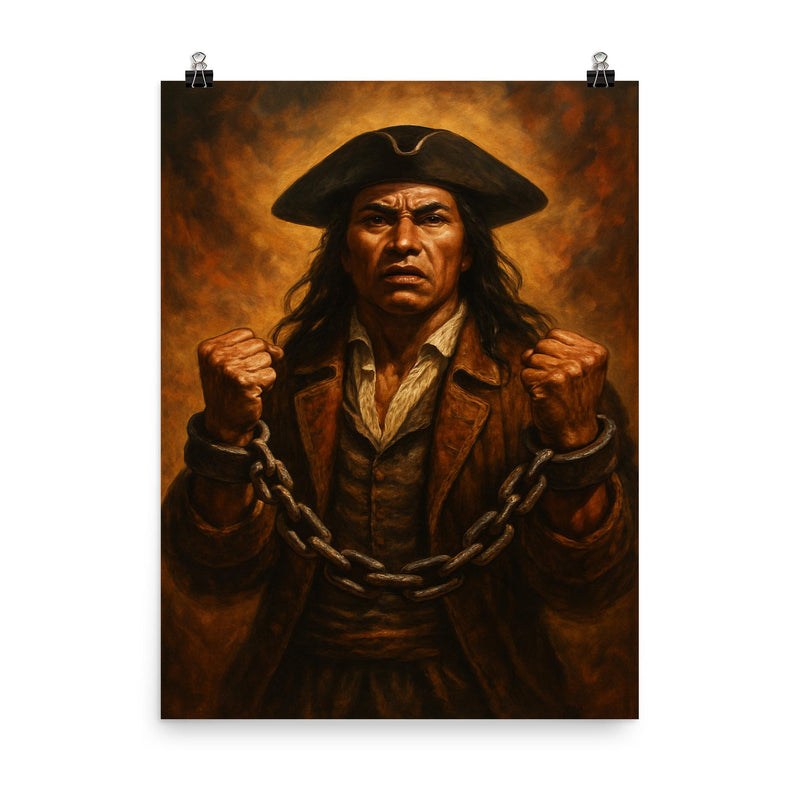 Tupac Amaru II in defiant chains poster on a plain backdrop in size 8