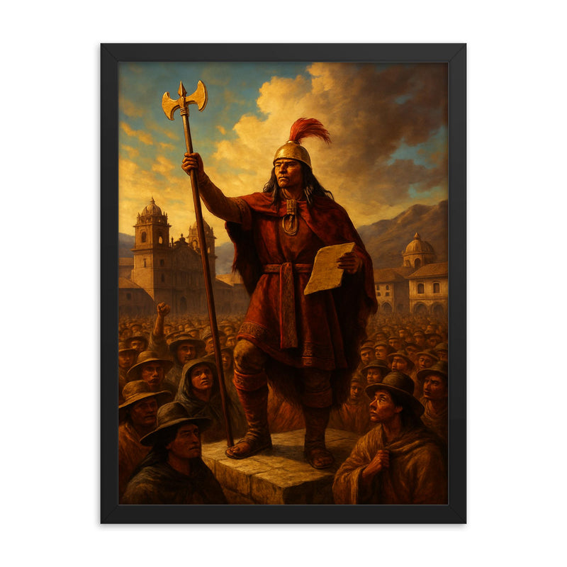 Tupac Amaru II proclamation in Andean plaza framed print on a plain backdrop in size 18