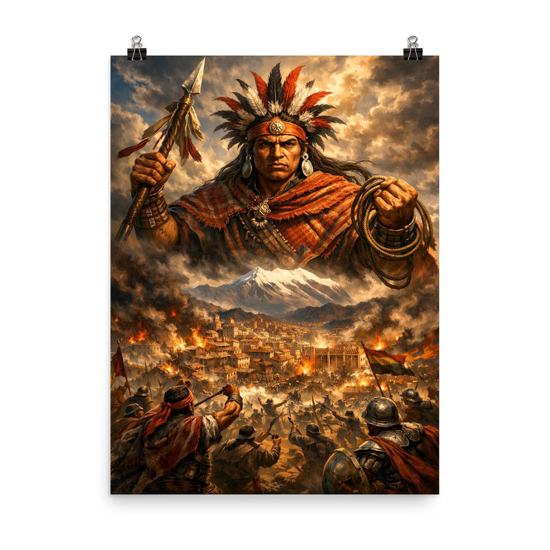 Tupac Katari above La Paz siege poster on a plain backdrop in size 8