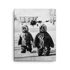 Twins Toddlers Dressed for Cold on a Russian Street, 1968 canvas print on a plain backdrop in size 16"x20".