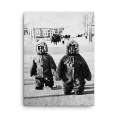 Twins Toddlers Dressed for Cold on a Russian Street, 1968 canvas print on a plain backdrop in size 18"x24".