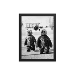 Twins Toddlers Dressed for Cold on a Russian Street, 1968 framed print on a plain backdrop in size 12"x16".
